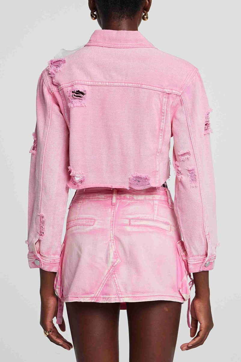 ALAIAO TORN FLOWER DENIM JACKET IN PINK