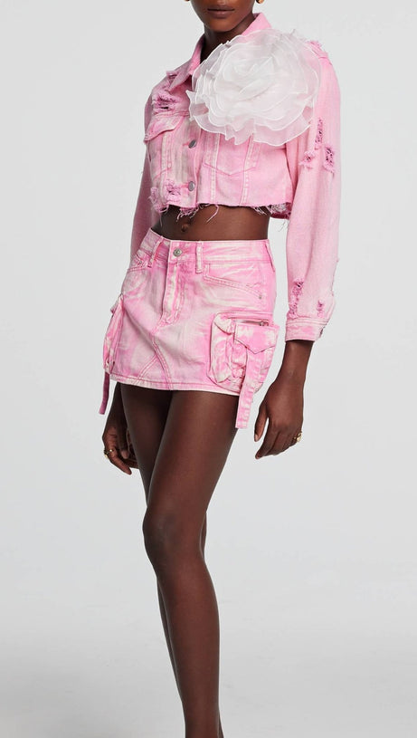 ALAIAO TORN FLOWER DENIM JACKET IN PINK