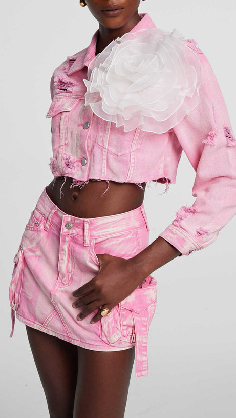 ALAIAO TORN FLOWER DENIM JACKET IN PINK