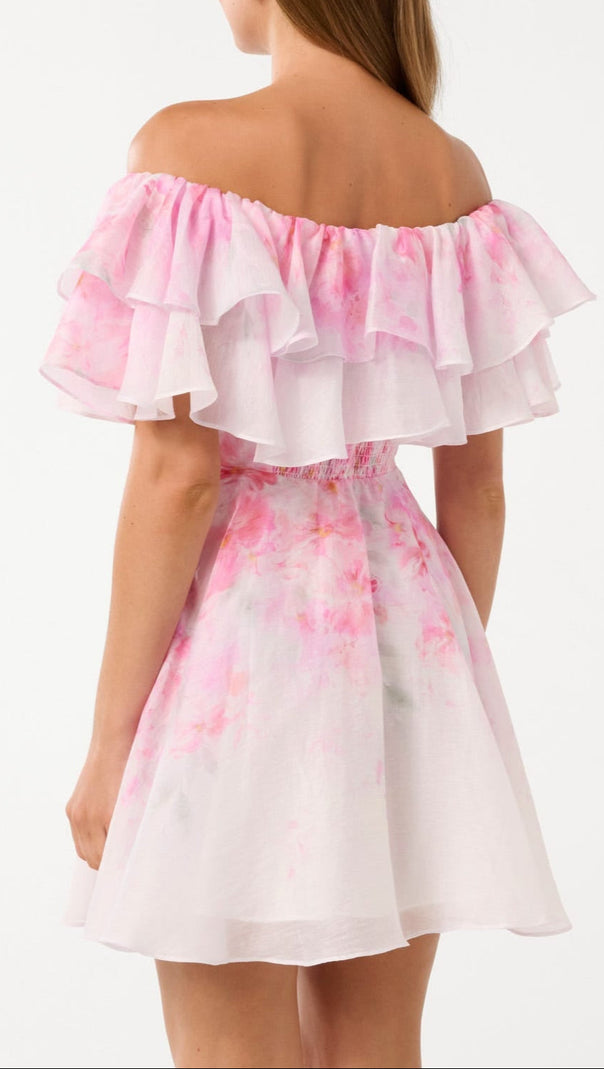 AIIZIE ELLIE FLORAL PRINT RUFFLE MINI DRESS IN PINK - product image