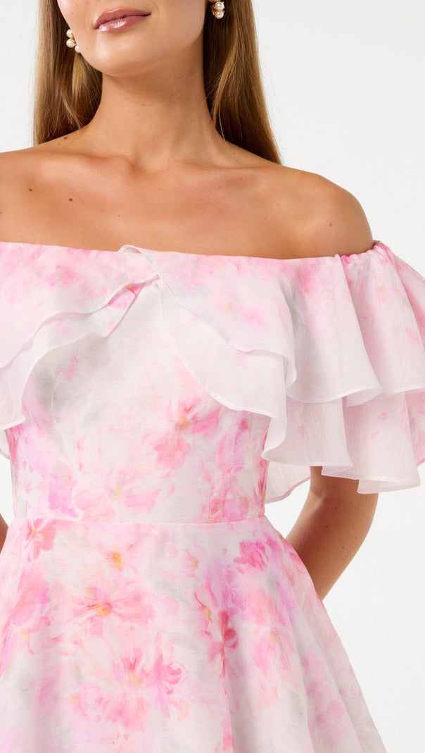 AIIZIE ELLIE FLORAL PRINT RUFFLE MINI DRESS IN PINK - product image