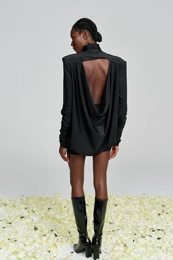 AIIZIE ALESTAIR BACKLESS RUCHED MINI DRESS IN BLACK - product image