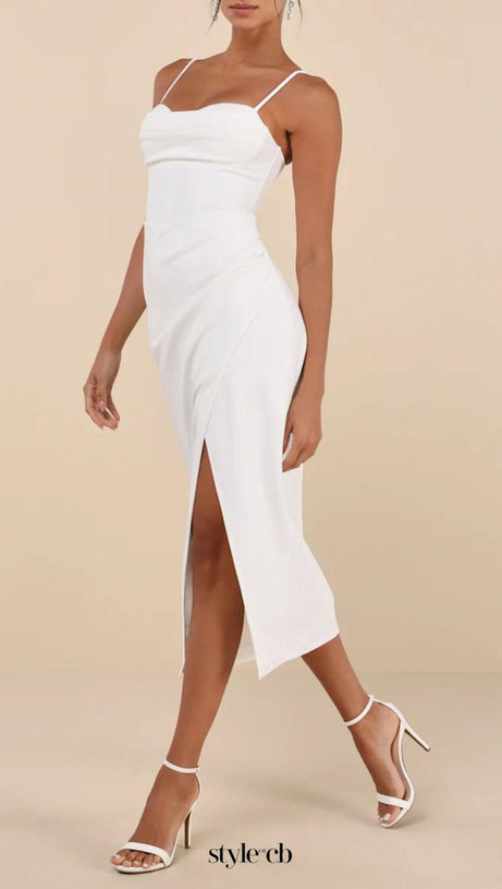 WHITE BUSTIER TULIP MIDI DRESS