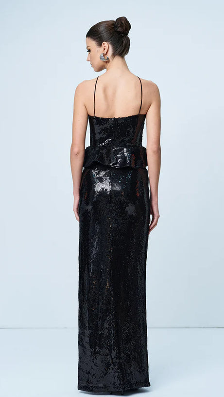 PEPLUM WAIST SEQUIN MAXI DRESS IN BLACK