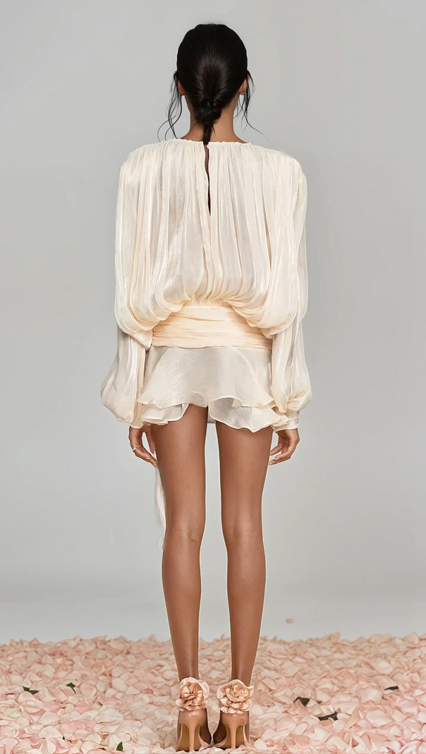 AIIZIE HERMOSA BALLOON SLEEVE RUCH RUFFLE MINI DRESS IN APRICOT - product image