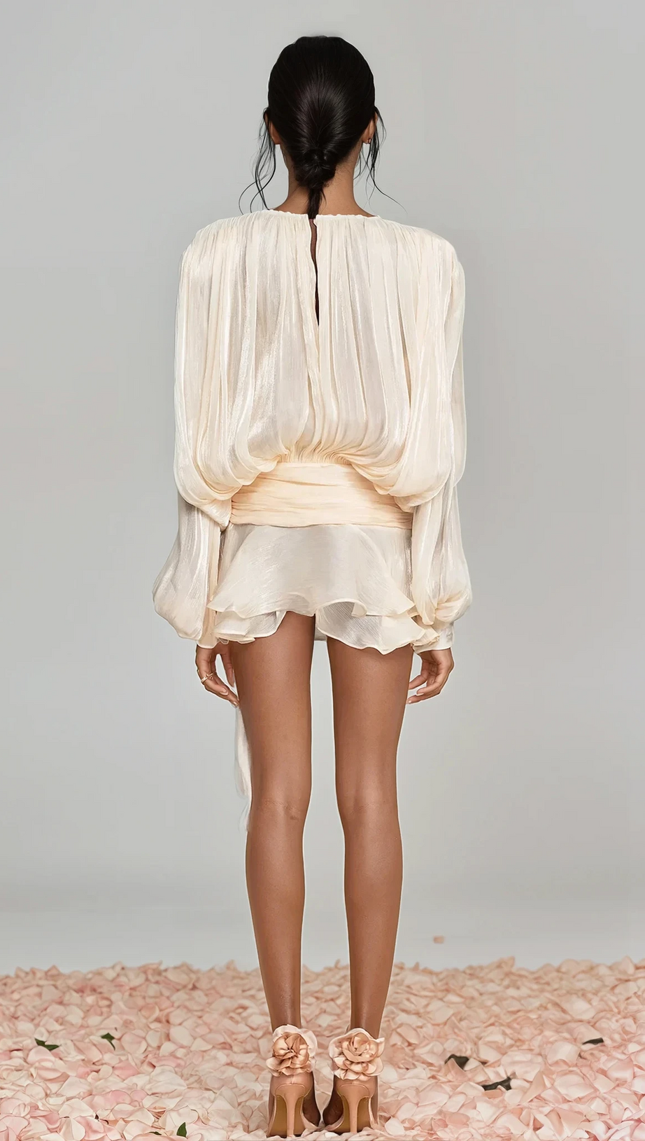 HERMOSA BALLOON SLEEVE RUCH RUFFLE MINI DRESS IN APRICOT