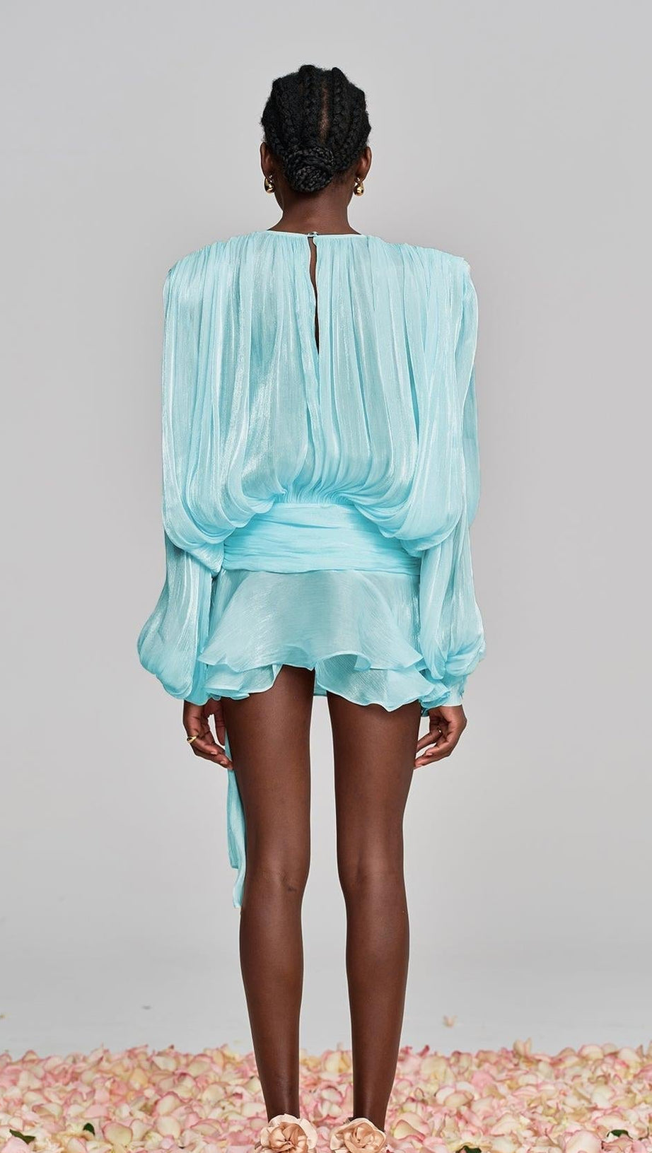 HERMOSA BALLOON SLEEVE RUCH RUFFLE MINI DRESS IN BABY BLUE