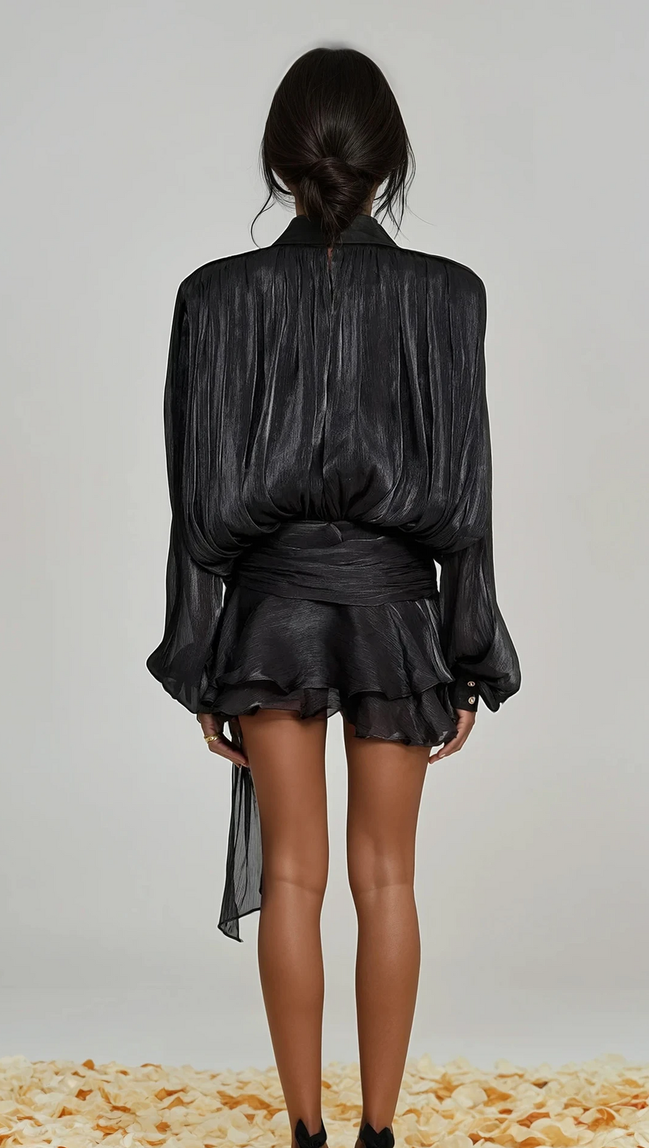 HERMOSA BALLOON SLEEVE RUCH RUFFLE MINI DRESS IN BLACK