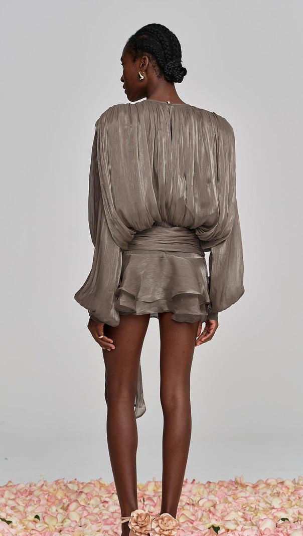 AIIZIE HERMOSA BALLOON SLEEVE RUCH RUFFLE MINI DRESS IN BROWN - product image