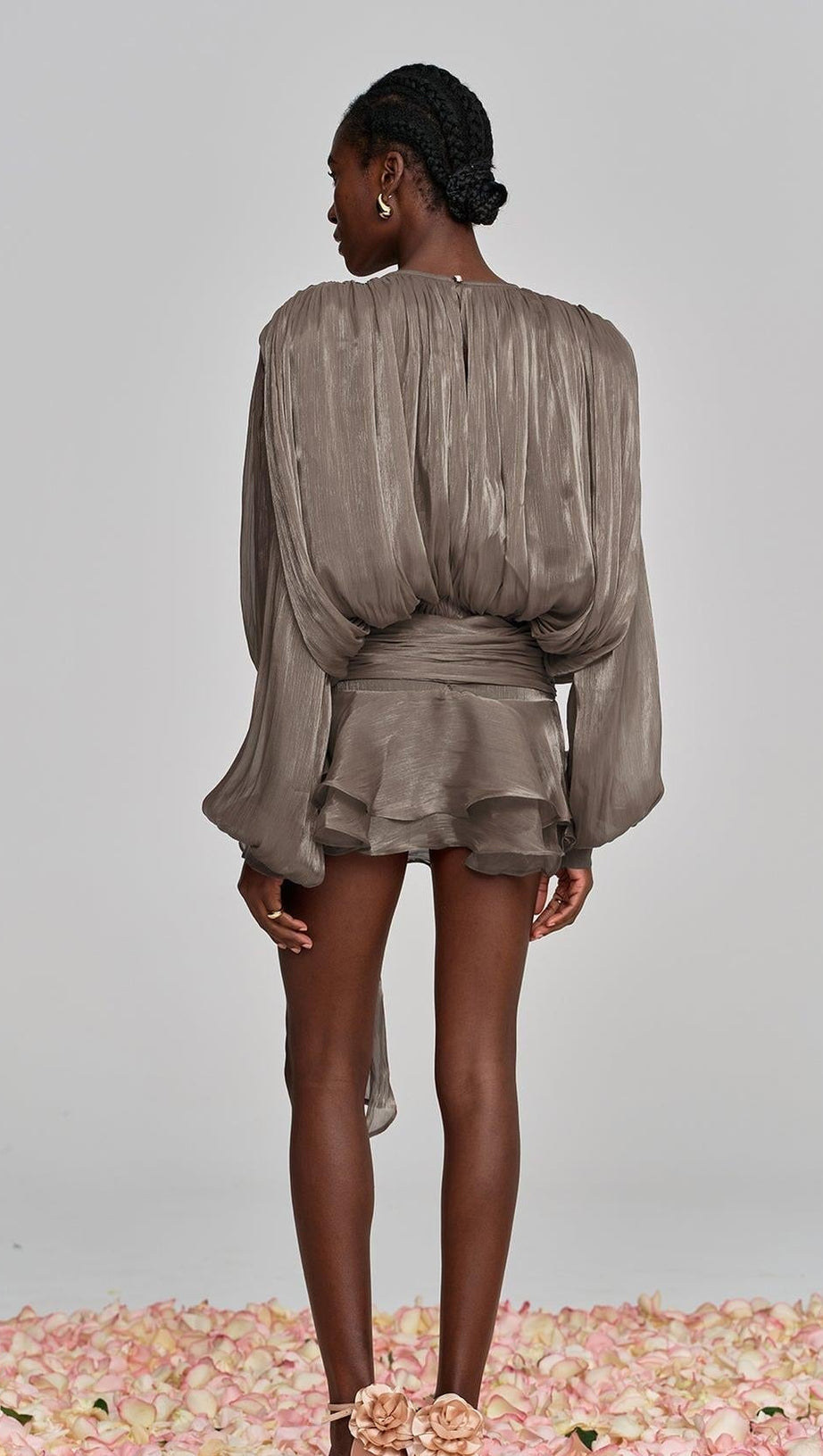 HERMOSA BALLOON SLEEVE RUCH RUFFLE MINI DRESS IN BROWN