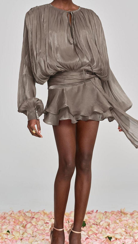 HERMOSA BALLOON SLEEVE RUCH RUFFLE MINI DRESS IN BROWN