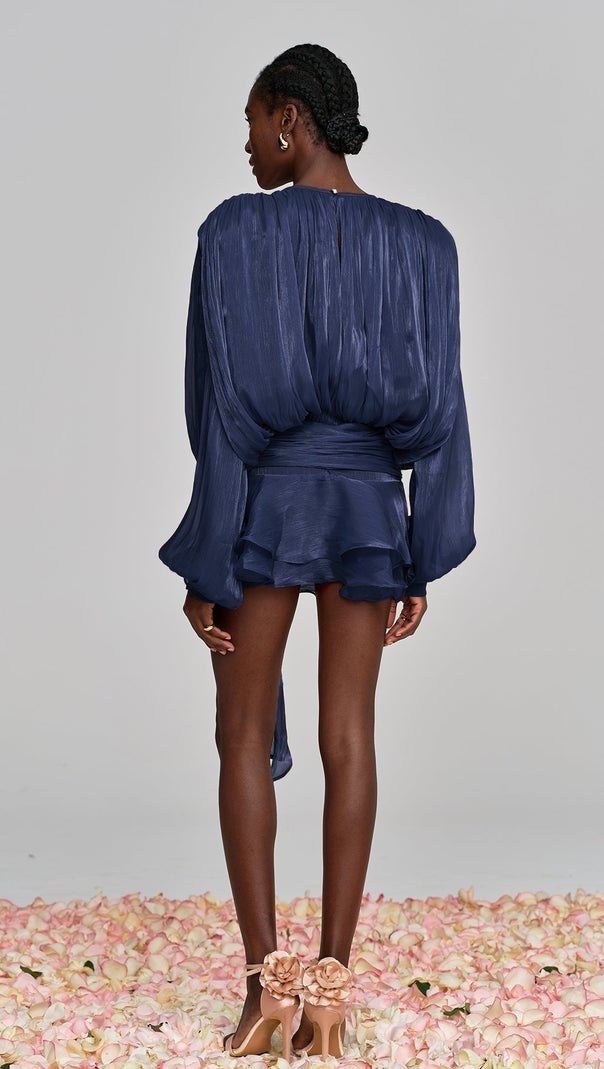 AIIZIE HERMOSA BALLOON SLEEVE RUCH RUFFLE MINI DRESS IN DEEP BLUE - product image