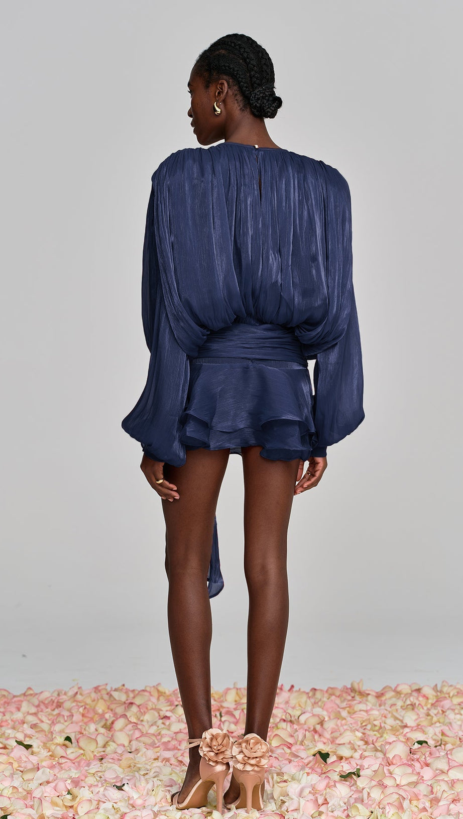 HERMOSA BALLOON SLEEVE RUCH RUFFLE MINI DRESS IN DEEP BLUE