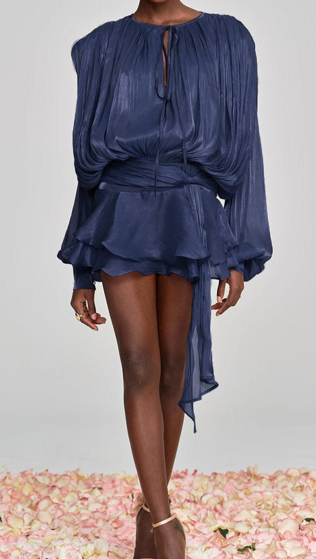HERMOSA BALLOON SLEEVE RUCH RUFFLE MINI DRESS IN DEEP BLUE