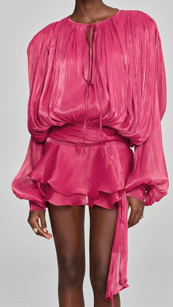 AIIZIE HERMOSA BALLOON SLEEVE RUCH RUFFLE MINI DRESS IN ROSE RED - product image