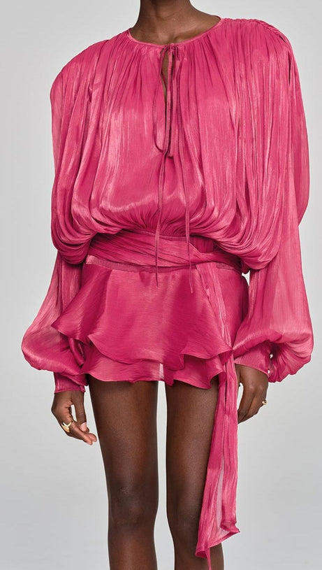 HERMOSA BALLOON SLEEVE RUCH RUFFLE MINI DRESS IN ROSE RED