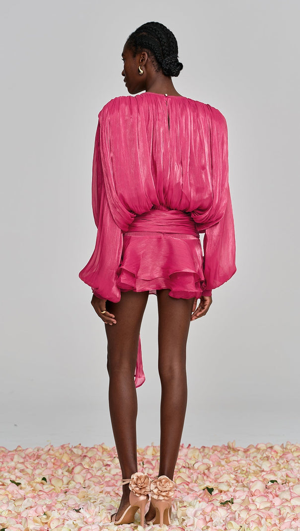 AIIZIE HERMOSA BALLOON SLEEVE RUCH RUFFLE MINI DRESS IN ROSE RED - product image