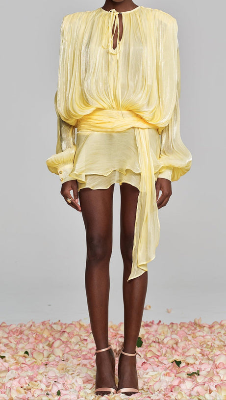 HERMOSA BALLOON SLEEVE RUCH RUFFLE MINI DRESS IN YELLOW