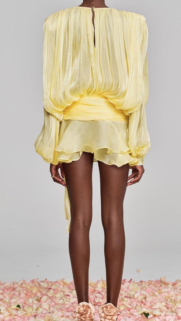 AIIZIE HERMOSA BALLOON SLEEVE RUCH RUFFLE MINI DRESS IN YELLOW - product image