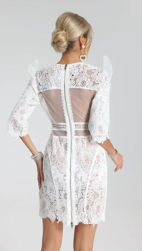 MIDI SLEEVE HALF BACKLESS SHORT WHITE GUIPURE DRESS
