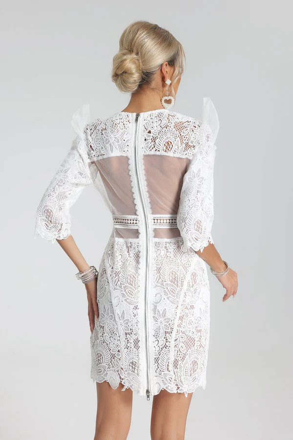 AIIZIE MIDI SLEEVE HALF BACKLESS SHORT WHITE GUIPURE DRESS - product image
