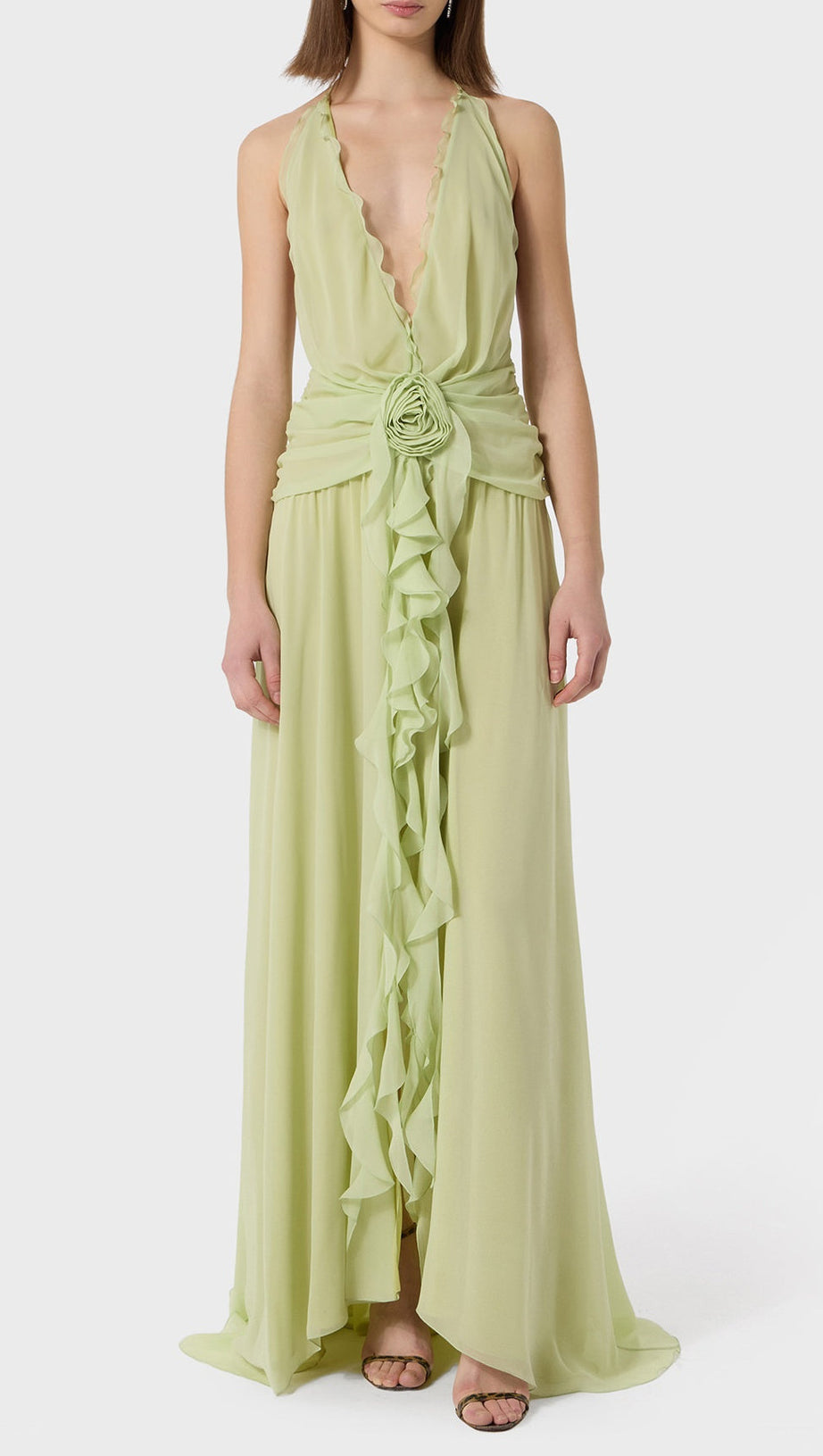 AONAVER FLORAL RUFFLE HALTER MAXI DRESS IN GREEN