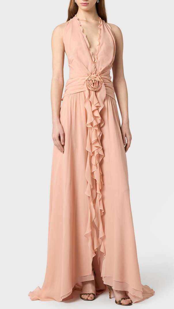 AIIZIE AONAVER FLORAL RUFFLE HALTER MAXI DRESS IN PINK - product image