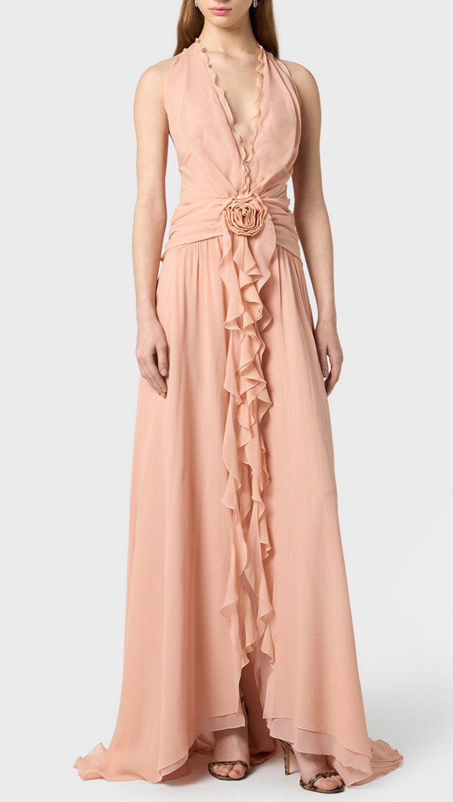 AONAVER FLORAL RUFFLE HALTER MAXI DRESS IN PINK