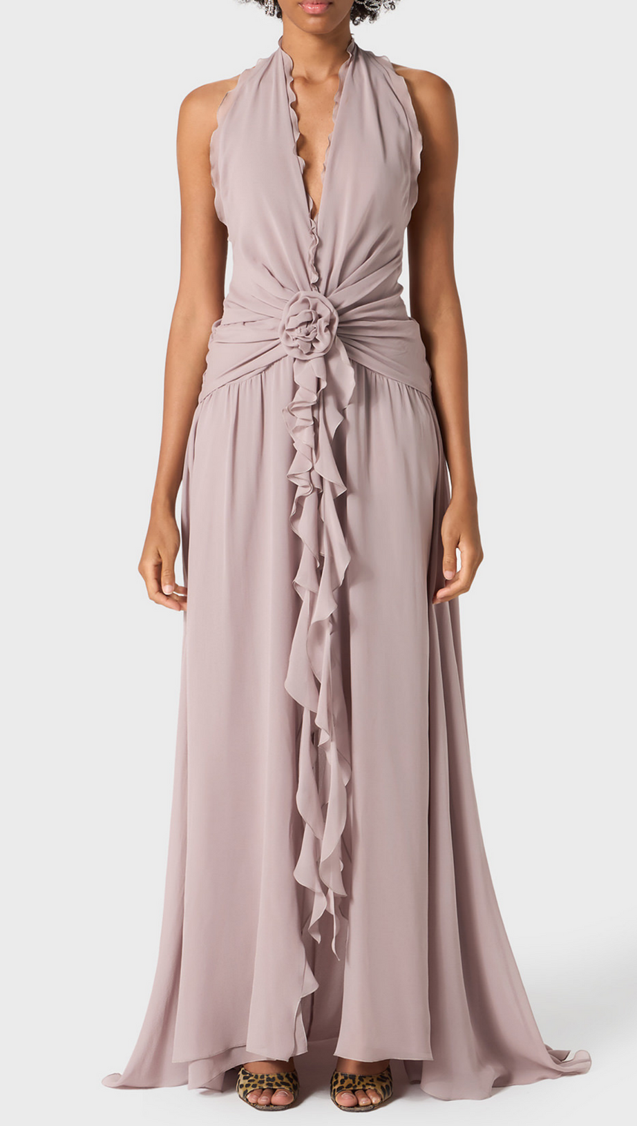 AONAVER FLORAL RUFFLE HALTER MAXI DRESS IN PURPLE
