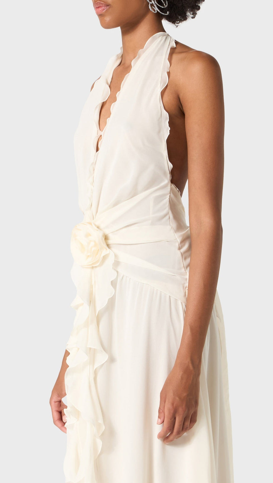 AONAVER FLORAL RUFFLE HALTER MAXI DRESS IN WHITE