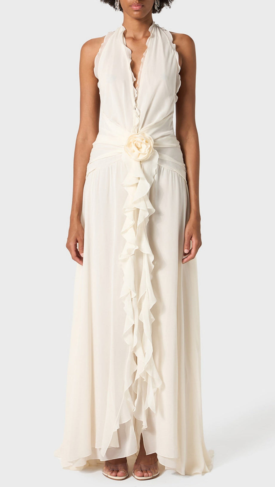 AONAVER FLORAL RUFFLE HALTER MAXI DRESS IN WHITE