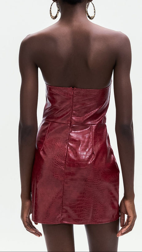 JANICE CROCODILE PATTERN STRAPLESS LEATHER MINI DRESS
