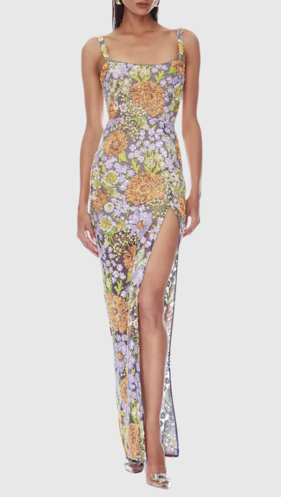 Armida Floral Sequin Slit Maxi Dress