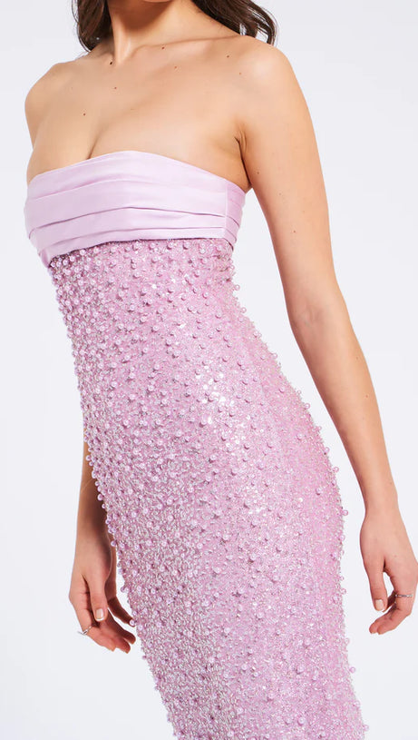 PINK SATIN SEQUIN PEARLS BEADED MAXI DRESS