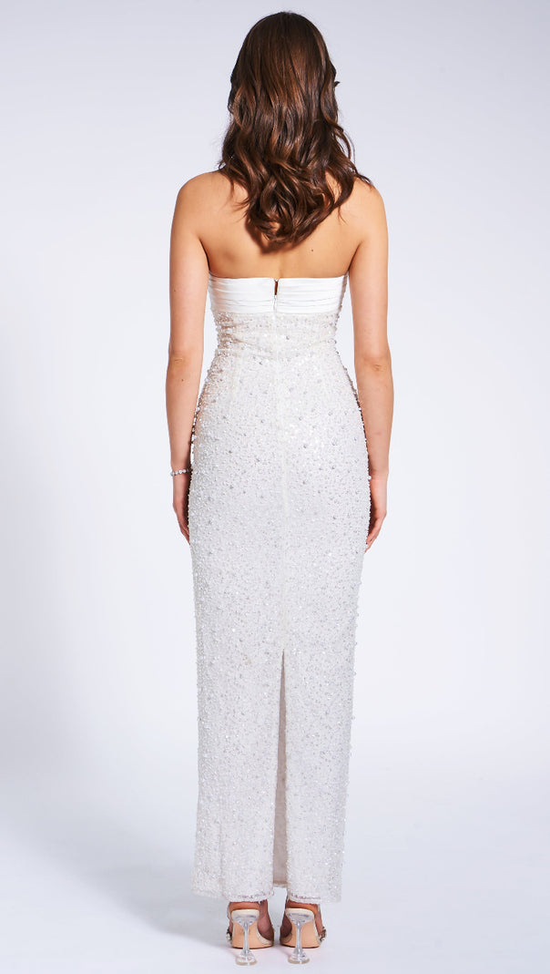 LAINEY WHITE SATIN SEQUIN PEARLS BEADED MAXI DRESS