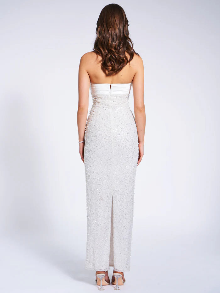 WHITE SATIN SEQUIN PEARLS BEADED MAXI DRESS