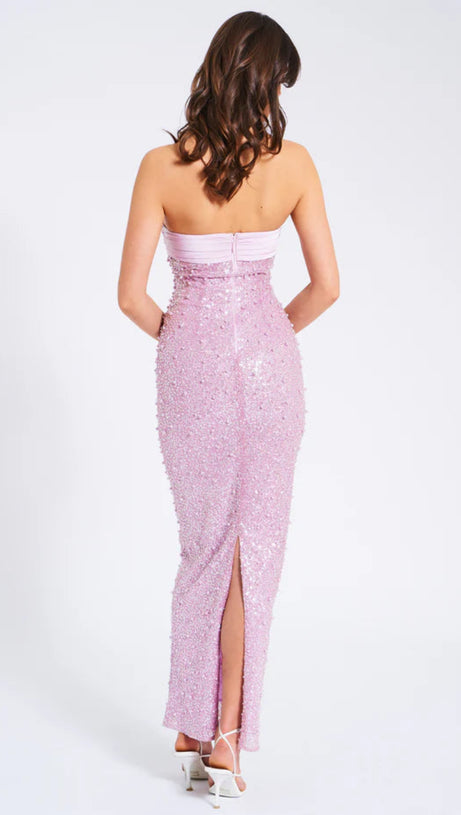 PINK SATIN SEQUIN PEARLS BEADED MAXI DRESS