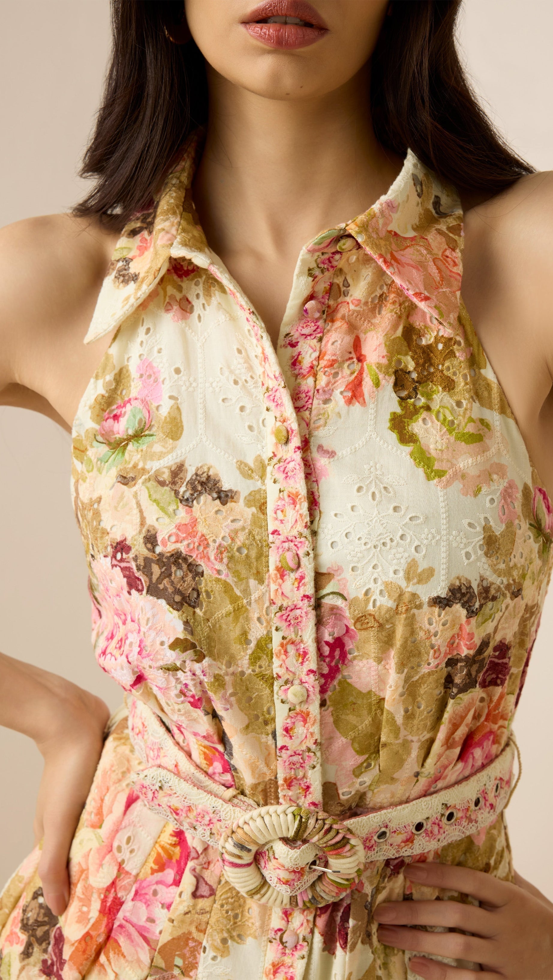 MULTICOLOR EMBROIDERY PRINT MAXI SHIRT DRESS