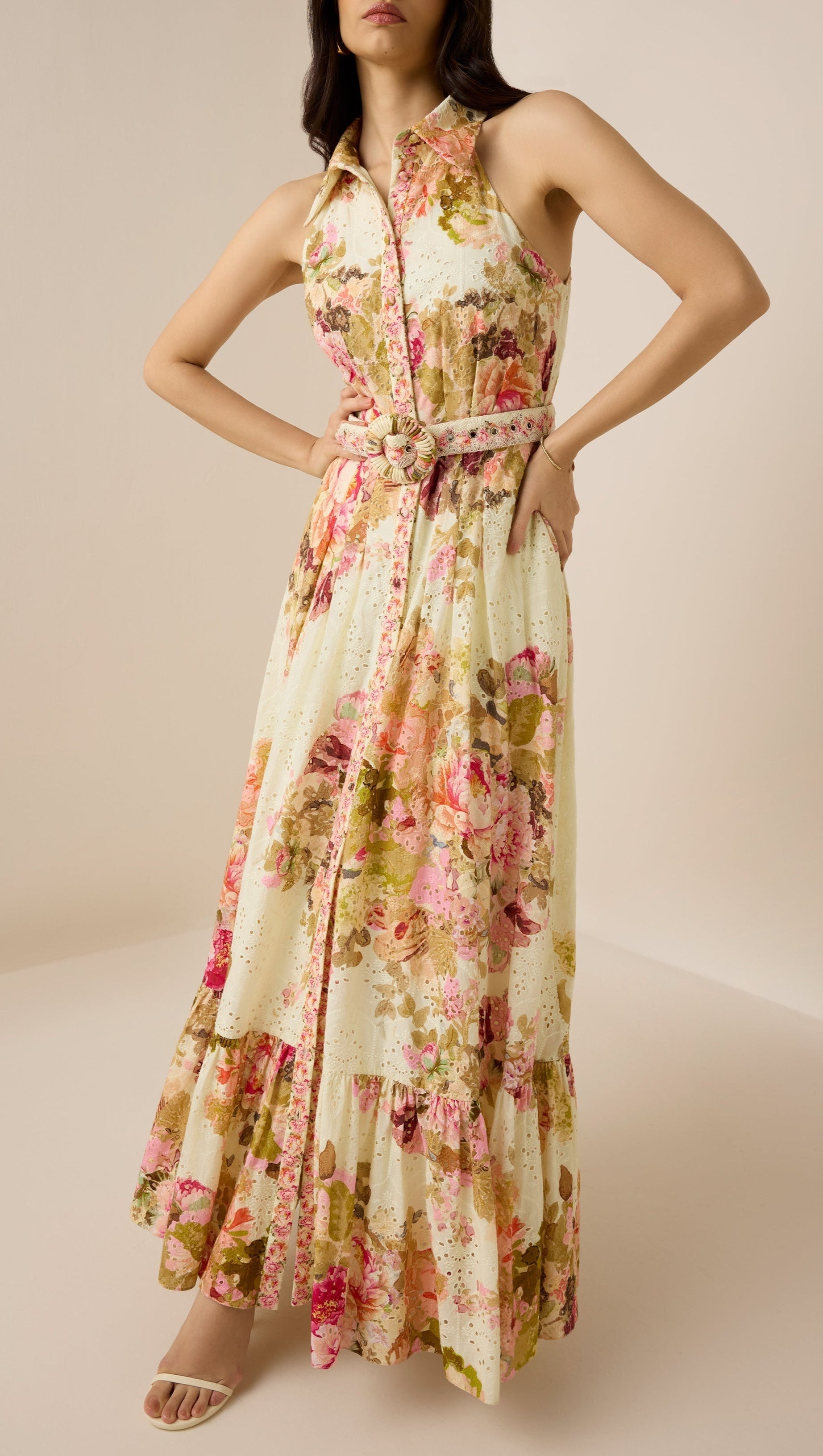 MULTICOLOR EMBROIDERY PRINT MAXI SHIRT DRESS