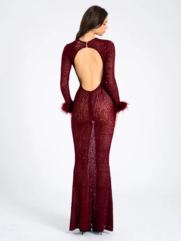 BURGUNDY MESH FEATHER MAXI DRESS