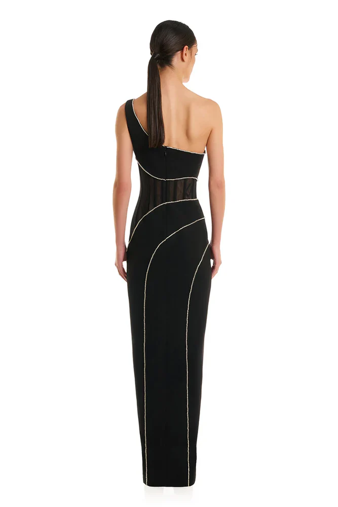 AIIZIE ZORAIDA DIAMANTE MESH ONE SHOULDER SPLIT MAXI BANDAGE DRESS - product image