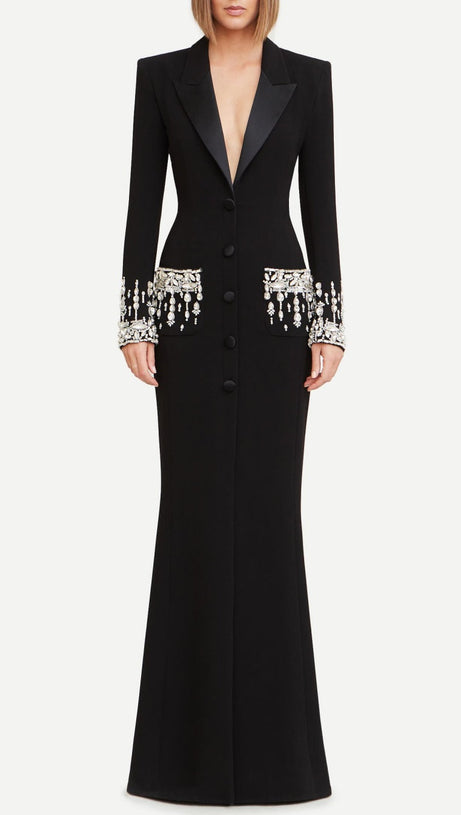 Aurora – Blazer-Maxikleid mit Kristallverzierung