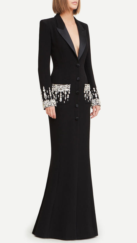 Aurora – Blazer-Maxikleid mit Kristallverzierung