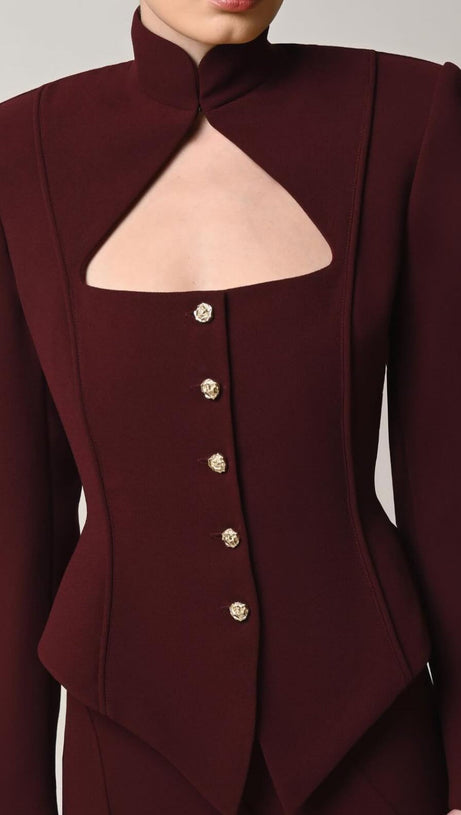 AYMEE CUTOUT BUTTON BLAZER IN BURGUNDY