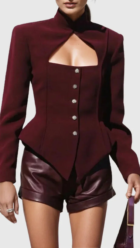 AYMEE CUTOUT BUTTON BLAZER IN BURGUNDY