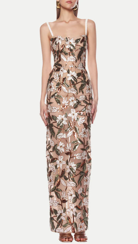 CARSEN STRAPPY FLOWER EMBROIDERY MAXI DRESS