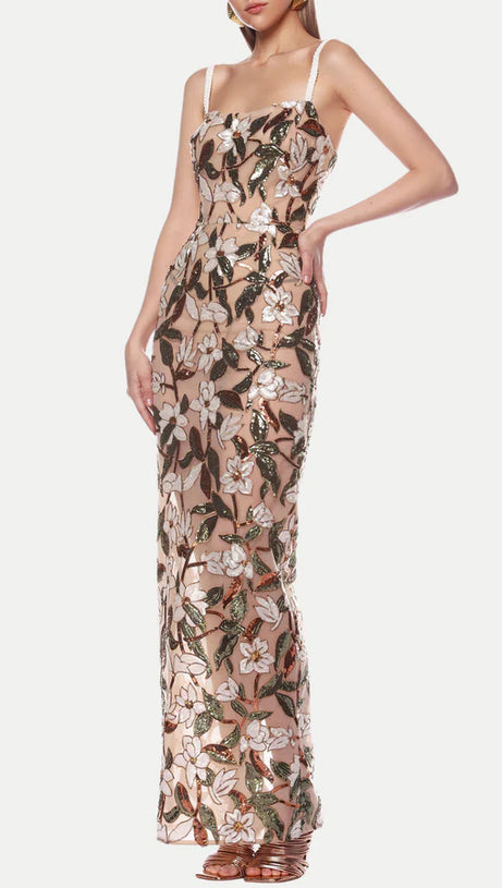CARSEN STRAPPY FLOWER EMBROIDERY MAXI DRESS