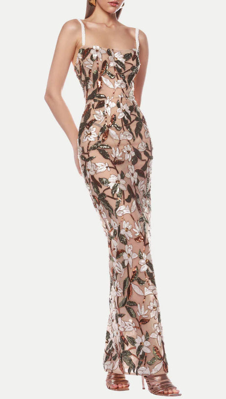 CARSEN STRAPPY FLOWER EMBROIDERY MAXI DRESS