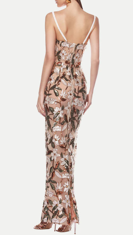 CARSEN STRAPPY FLOWER EMBROIDERY MAXI DRESS