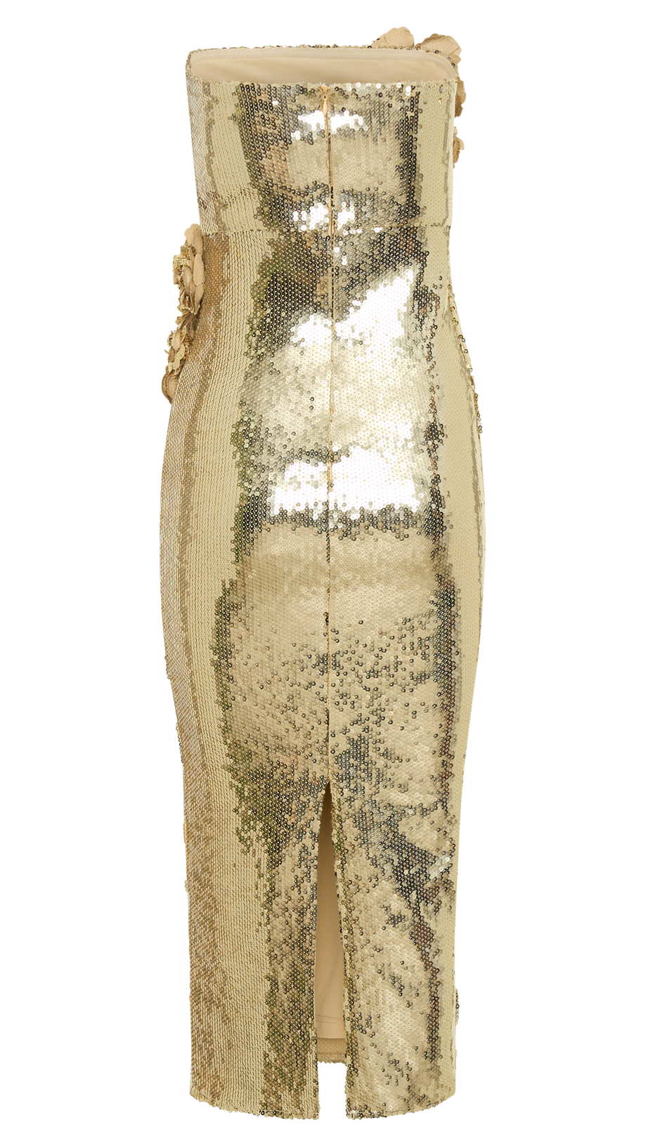 ALISA STRAPLESS SEQUIN ROSE MIDI DRESS IN GOLD
